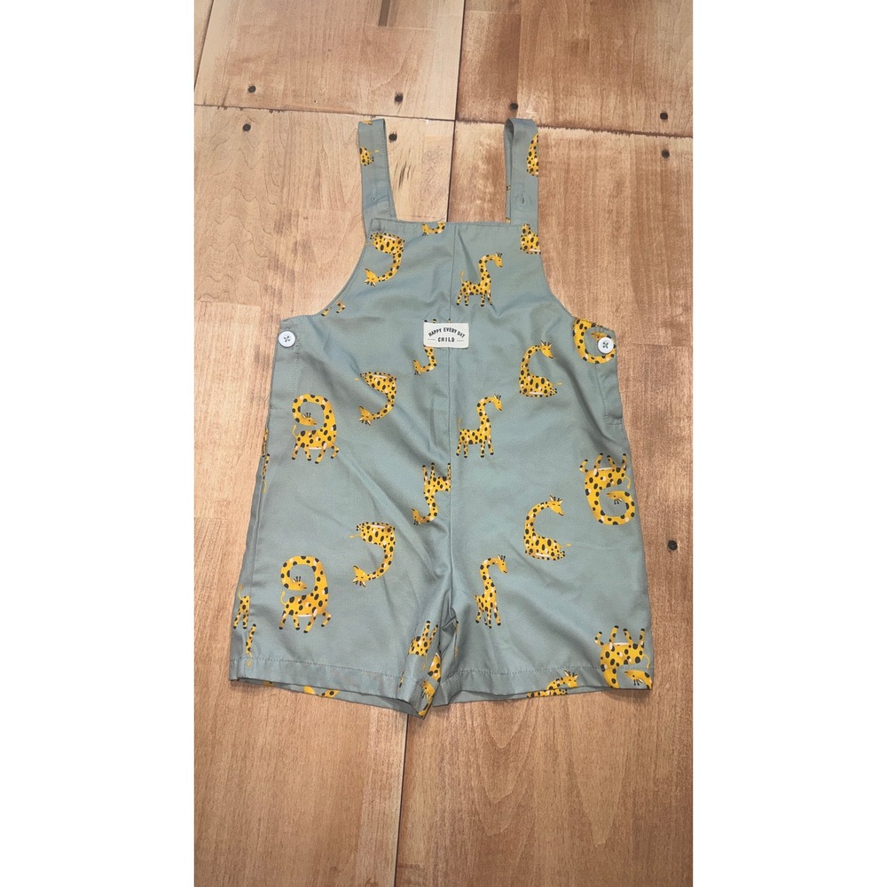 Kids Giraffe Print Overalls Shorts Light Blue Size 5Y